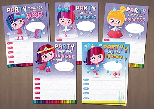 Children's Birthday Party Invites mixed girl's 20 Pack Mermaid/Princess/Ballerina/Pop Star/Wonder Girl