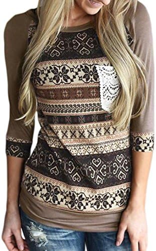 Womens Blouse Sunday 2018 Newest Fashion Ladies 3/4 Sleeve Retro Print Blouse Pocket Shirt Tops Patchwork Jumper Sweatshirt Round Neck Patchwork Casual Shirt (XL, Khaki)