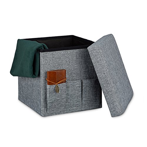 Relaxdays Faltbarer Sitzhocker 38 x 38 x 38 cm stabiler Sitzcube mit 3 Seitentaschen Sitzwürfel aus Leinen Sitzbank als Aufbewahrungsbox mit Stauraum und Deckel zum Abnehmen für Wohnraum, grau