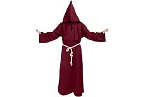 Kitimi Disfraz de Monje Hombre con Cruz, Monje Sacerdote Túnica Medieval Encapuchado, Disfraz Halloween Hombre para Halloween Carnaval