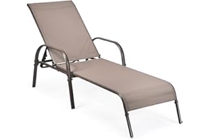 COSTWAY Garden Sun Lounger, 5-Level Adjustable Patio Chaise Lounge Recliner Deck Sunbed, High Back Metal Frame Outdoor Sunbathing Reclining Chair for Balcony, Poolside and Beach (Brown)