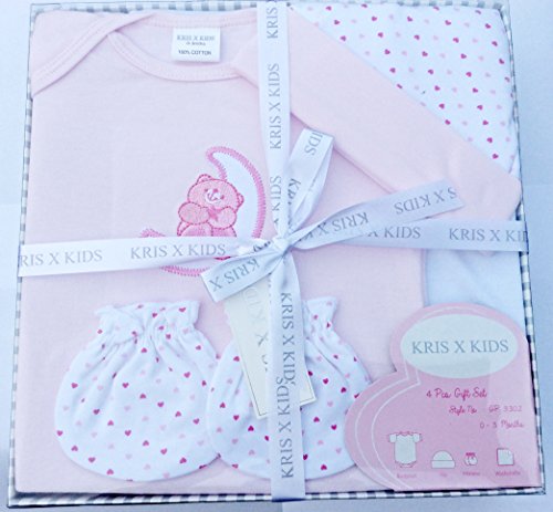 Newborn Baby Gift Set with Bodysuit, Bib, Toy, Socks in a Gift Box. 0 - 3 Months. (Pink)