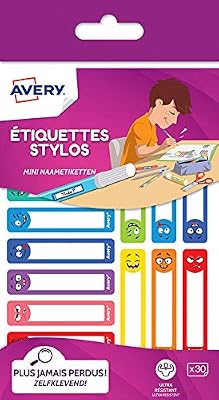 Avery 30 Étiquettes Autocollantes Résistantes pour Marquer les Stylos, Crayons, Feutres, Design Smiley
