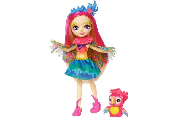 Enchantimals Mini-poupée Peeki Perroquet Et Figurine Animale Sheeny, Aux Cheveux Roses Fuchsia Avec Jupe À Motifs En Tissu, Jouet Enfant, FJJ21