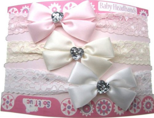 Baby Girls Stretch Lace Headband, Satin Bow With A Heart Shaped Gem Packet of 3 (0-6 Months)