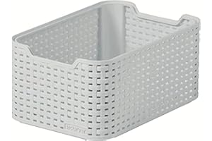 CURVER Style Rattan Effect Kitchen, Living room, Bathroom, Bedroom, Utility Small Rectangular Storage Basket 6 Litres - Light Grey