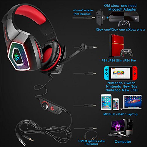 Swenter Gaming Headset fÃ¼r PS4, 3.5mm Surround Sound Kabelgebundenes Headset mit Mikrofon, Buntes LED-Licht, KopfhÃ¶rer fÃ¼r Laptop, Mac, Xbox One, Tablet, PC, Smartphone (Rot)