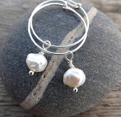 Sterling Silver 20mm Hoop Earrings With Cultured Akoya Keishi Pearl Charm