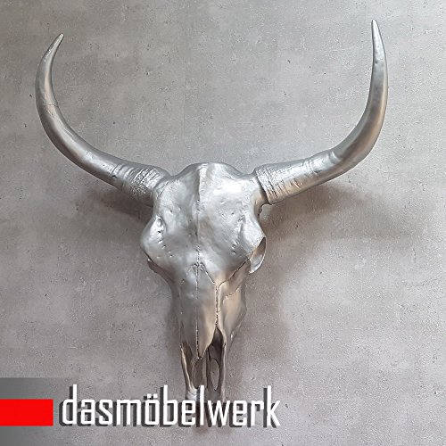 dasmöbelwerk XXL Deko Schädel 65 cm Silber Stierkopf Skulptur Stier Bullenschädel Wandskulptur Hörner Bulle Stierschädel
