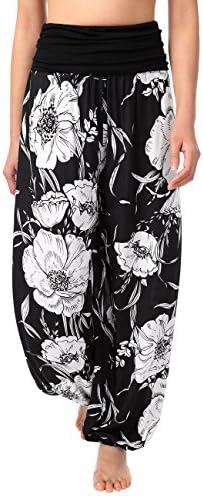 Slivexy Women's Floral Print Pleated Elastic Waist Jogger Harem Pants Black Floral One Size