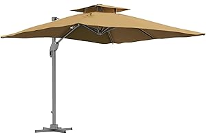 Outsunny 3 x 3 m Cantilever Parasol with Hydraulic Opening, Heavy Duty Aluminium Hanging Garden Parasol, Double Top Square Patio Umbrella with 360° Rotation, 8 Ribs, Cross Base
