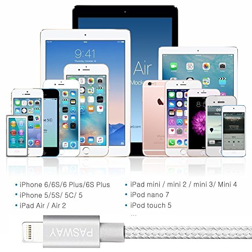 Lightning Kabel Pasway iPhone Ladekabel 3 Pack (1M, 2M, 3M) Nylon Geflochtenes USB Kabel mit Lightning Connector für iPhone 6/6 Plus/6S, iPad Air 2, iPad Pro und mehr Silber - 6