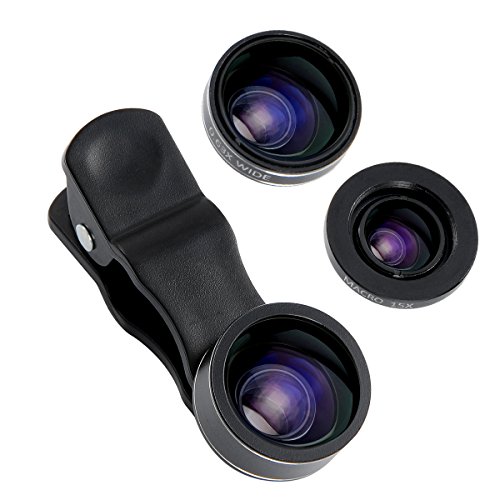 Lenti Cellulari per iPhone Samsung e Smartphone, 3 in 1 Lenti Smartphone Universale Clip-On Lente Fisheye 198 Gradi + 0.63X Grandangolo Lente Super + Lente Macro 15X Obiettivi Smartphone Cellulare Kit