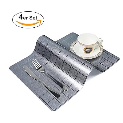 NHEIMA Lot de 4 Sets de Table Napperon Tressés en PVC et Polyester 45cm x30cm Salle à Manger Restaurant Décoration de table Art de cuisine (Argent, PVC)