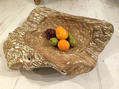 Solid Teak Wood Fruit Bowl – White Wash - Wooden Dish Serving Plate Round - Medium - 60 x 60 x 15 cm