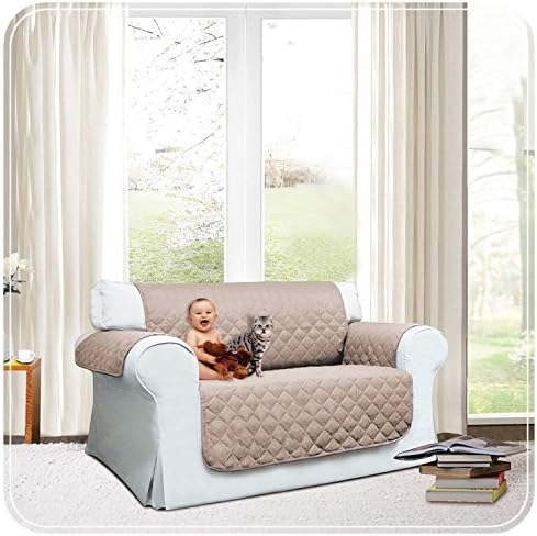 Water Resistant Deep Pile Quilted Sofa Chair Pet Protector Settee Slip Cover/Thow 1, 2 &amp; 3 Seater (2 Seater, Beige)