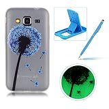 Samsung Galaxy Core Prime SM-G360 Funda Caucho de TPU cubierta de parachoques,Samsung Galaxy Core Prime SM-G360 [Noche Luminoso] Efecto fluorescente que brilla en la cubierta del caso de cáscara oscura piel suave transparente TPU de silicona,Herzzer [Anti-rasguños] Cubierta de la caja Funda protectora de Silicona caso delgado caso trasero Carcasa para Samsung Galaxy Core Prime SM-G360 + 1 x Azul Soporte del teléfono + 1 x Azul Lápiz óptico - azul diente de león