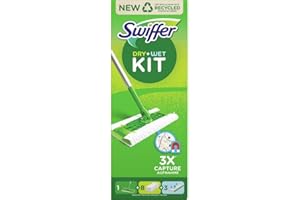 Swiffer Starter Kit Catturapolvere E Lavapavimenti Per La Pulizia Di Pavimenti In Legno E Altri Materiali, Include: 1 Scopa, 8 Panni Catturapolvere, 3 Panni Lavapavimenti