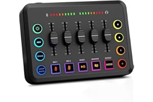 Jrifedptry Mixer audio da gioco, mixer streaming RGB PC con interfaccia microfono XLR, volume fader, alimentazione phantom 48 V per podcast