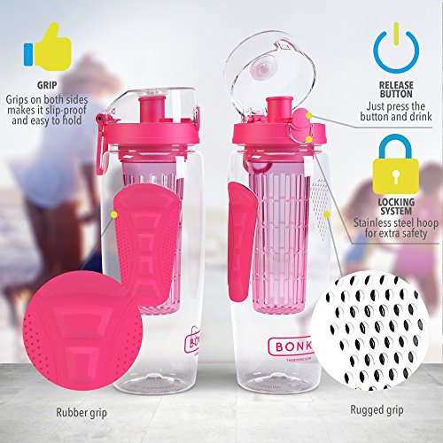 Bonke Trinkflasche für Fruchtschorlen – Große 1 Liter BPA-freie Sportflasche – Wasserflasche mit Gummigriff und extra sicherem Verschlusssystem – 1 Jahr Garantie - 4