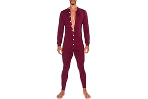 XIXIMAON Hombre Pijama de Una Pieza Mono de Manga Larga Ropa de Dormir con Botones y Cuello en V Pelele de Color Liso para Casa