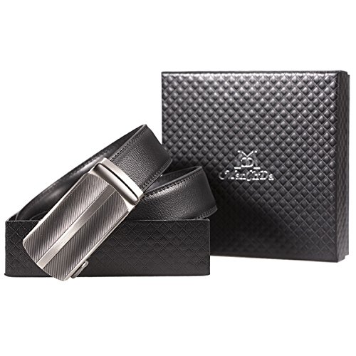 Preisvergleich Produktbild ManChDa Herren schwarzer Ledergürtel mit eleganter silberner automatischer Ratchet Wölbung 35mm breiter 49 Zoll + Geschenk-Kasten