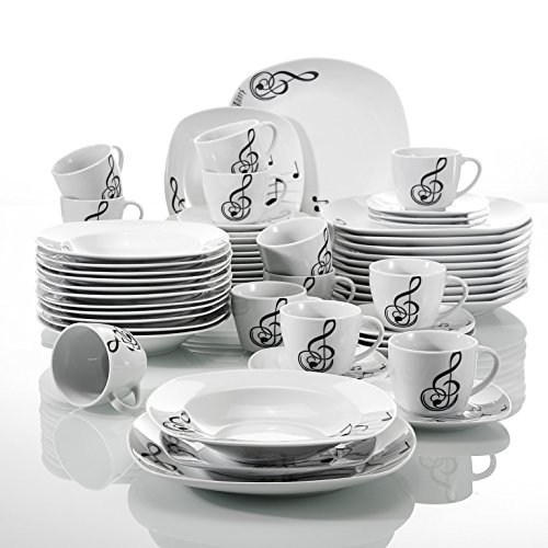 Veweet Tafelservice 'Melody' aus Porzellan 60 Teilig | Kombiservice beinhatlet Kaffeetassen 175 ml, Untertasse, Dessertteller, Speiseteller und Suppenteller | für 12 Personen