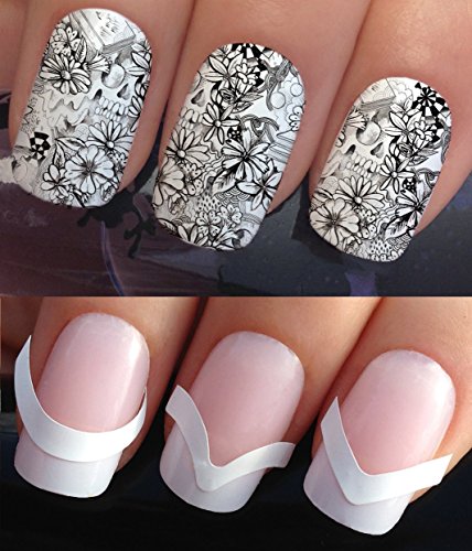 WATER NAIL TRANSFERS DECALS STICKERS ART SET #665 & 172. **plus x48 nail tip guides!!** x10 TATTOO SLEEVE GRAFFITI SKULL FLOWERS FULL WRAPS & x48 FRENCH MANICURE TIP GUIDES! CAN BE USED WITH NATURAL GEL ACRYLIC STICK ON NAILS! OR WITH GLITTER DUST CAVIAR BEADS ALLOYS DECORATIONS CONFETTI FIMO SHAPES TAPE PENS RHINESTONES!