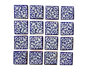 Shiv Kripa Blue Pottery Floral Decorative Mosaic Wall Tiles 3 x 3 Inch Set of 16 Tiles (Blue & White)