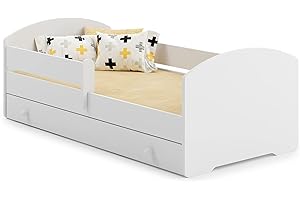 KOBI Cama para niños LUK 160x80 en un Juego con un cajón Espacioso, barandilla, colchón y Marco, para una niña y un niño, para una habitación Infantil