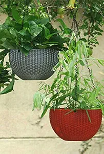 SKYCAP Euro Hanging Basket Rattan Plastic Flower Pot Plant Container with Heavy Hook Metal Chain for Home Gardner Office Balcony (Grey-Maroon Pack of 2) Combo