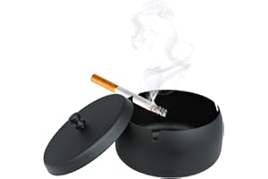 Andiker Duża popielniczka z pokrywką z metalu, antypoślizgowa, wiatroszczelna popielniczka ze stali nierdzewnej na papierosy, popielniczka stołowa, czarna, z wiatroszczelną pokrywką