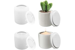 NAVESO Moule Silicone Bougie Bougeoir en Ciment, 2PCS Moule en Silicone pot Avec Couvercle, Cylindre Rayé Ciment Porte-Bougie Moule, Moules en Béton En Silicone pour Bougeoirs, pots de Fleurs