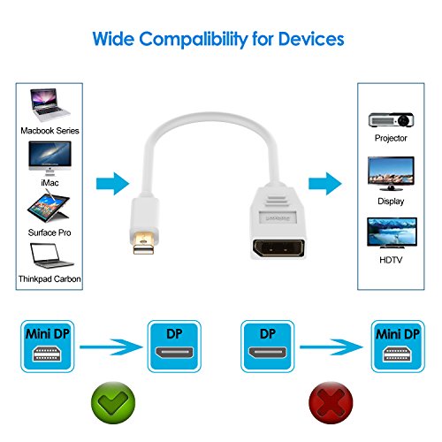 Mini Displayport auf Displayport, Rankie Mini DP / Mini Displayport to Displayport Kabel-Adapter Konverter Male to Female (Weiß) – R1134A - 4