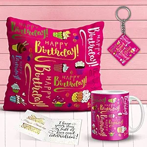 100 TC Satin Cushion Cover with Filler, Coffee Mug and Birthday Key Chain (12X12 Inches, 325 ml, White) -3 Pieces