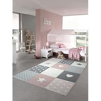 Tapis Denfant Tapis De Jeu Chambre Denfant Tapis De Bébé Coeur Détoile En Rose Blanc Gris Größe 120x170 Cm