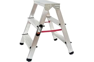 NAWA HOME & WORK BTF | Escalera Tijera Plegable Doble Cara 3 Peldaños en Aluminio | 3+3 Plataforma H.64 cm | Altura Alcanzable 2,6 Metros | Certificada EN131 Capacidad Carga 150 kg. BTF-DDB03