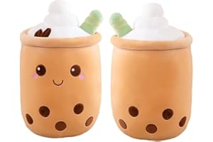 Aiuidun Bubble Tea Peluche Cuscino, Kawaii Boba Peluche Giocattolo Imbottito Soft Bubble Pearl Milk Tea Abbraccio Cuscino Regali per Bambini(Brown-Round eyes,35cm)