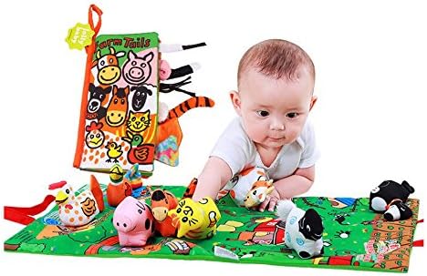 Soft Cloth Books and Animal Countryside, Liketo 8pcs Lovely Animals, 1pcs Farm Tails Soft Cloth Books and Baby Folding Play Mat for Floor