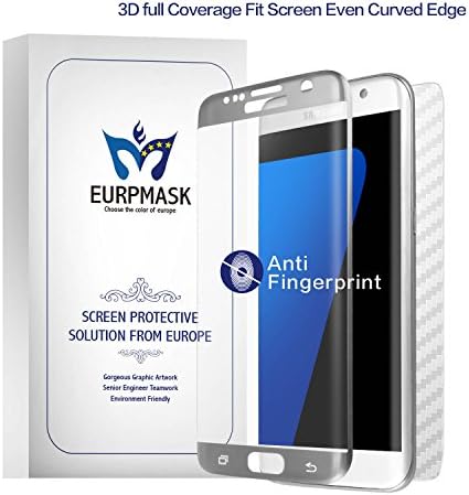 EURPMASK S7 Edge Screen Protector,3D Full Coverage Anti-Glare Tempered Glass Screen Protector Shatter-Proof Resistant Fingerprint Film For Samsung Galaxy S7 Edge[With A Free Full Coverage Carbon Fiber Back Protector][Silver Frame]