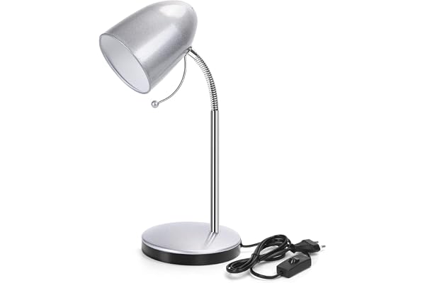 Aigostar Lampe de Bureau Retro E27, Lampe de Chevet Enfant avec Prise (Max 40 W), Excluant Ampoule, Flexible Réglable, Câble de 1.5 m, Argent