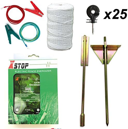Electric Fence Energiser Fencer Energizer X-Stop 12v Battery Powered 10Km 0.6 Joules BA80 + all leads + heavy duty earth stake + Polywire + 25 ring insulators