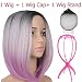 Emmet Short Bob Wig 12" Shoulder Length Soft Silk Synthetic Kanekalon Dark Roots Ombre Color Women’s Wigs 188g/Piece with Free Wig Cap & Free Wig Stand Holder (Black & Silver Gray & Light Purple)
