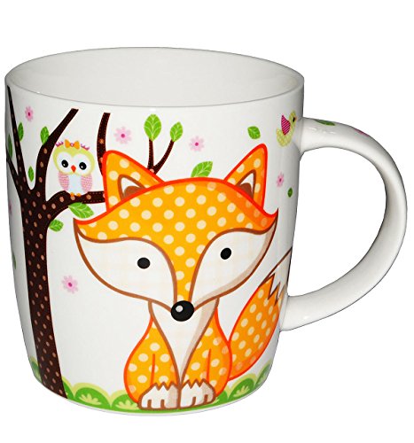 Henkeltasse mit Fuchs / Waldtier - groß - Porzellan / Keramik - Trinktasse mit Henkel - Tasse Becher - Porzellantasse Füchse / Waldtiermotiv Tassen / Kaffeetasse - Henkeltassen - Keramiktasse / Ast Vögel Zeichnung