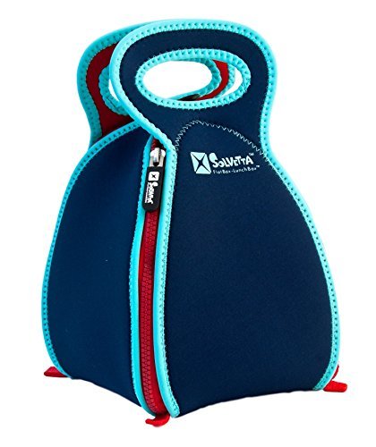 Fold Up Placemat Lunchbox for School, Office, Picnic - Insulated Neoprene Machine Washable Hygienic for Boy or Girl Kids School Lunch Box, Adult Lunchbox for Office Desk, LARGE Blue/LtBlue/Red by Solvetta Flatbox