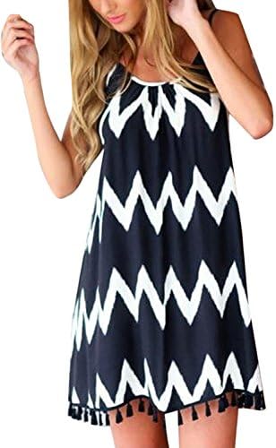 Vosujotis Women Summer Casual Wavy Straps Tassels Loose Shift Dress Beachwear Black XS
