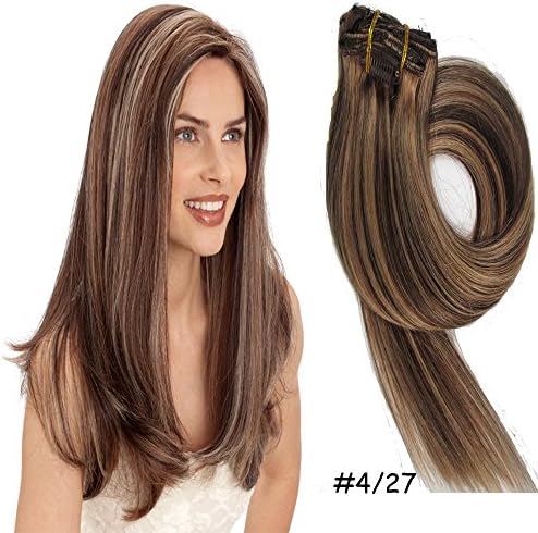 Queen Wig 15" Straight Clip in Remy Human Hair Extensions 7pcs 70g 4/27# Chocolate Brown / Honey Blonde
