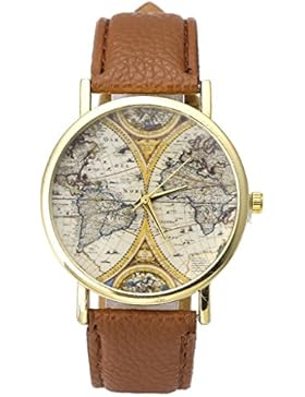 JSDDE Uhren,VINTAGE Weltkarte Uhr Lederausstattung Leichtmetall Damen Analoge Quarz Armbanduhr,Kaffee
