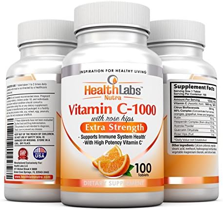 Health Labs Nutra Extra-Strength Vitamin C 1,000mg with Rose Hips (300 Fast-Acting Non-Chewable Tablets) - Pack of 3