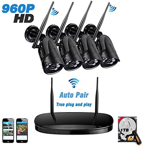 Ipccam 4PCs 960P Outdoor Bullet Camera with 4CH 1080P Output WiFi Wireless Security CCTV Surveillance System Network Video Recorder NVR Kit 25M Infrared Radiation IR Night Vision 1TB Hard Drive Black